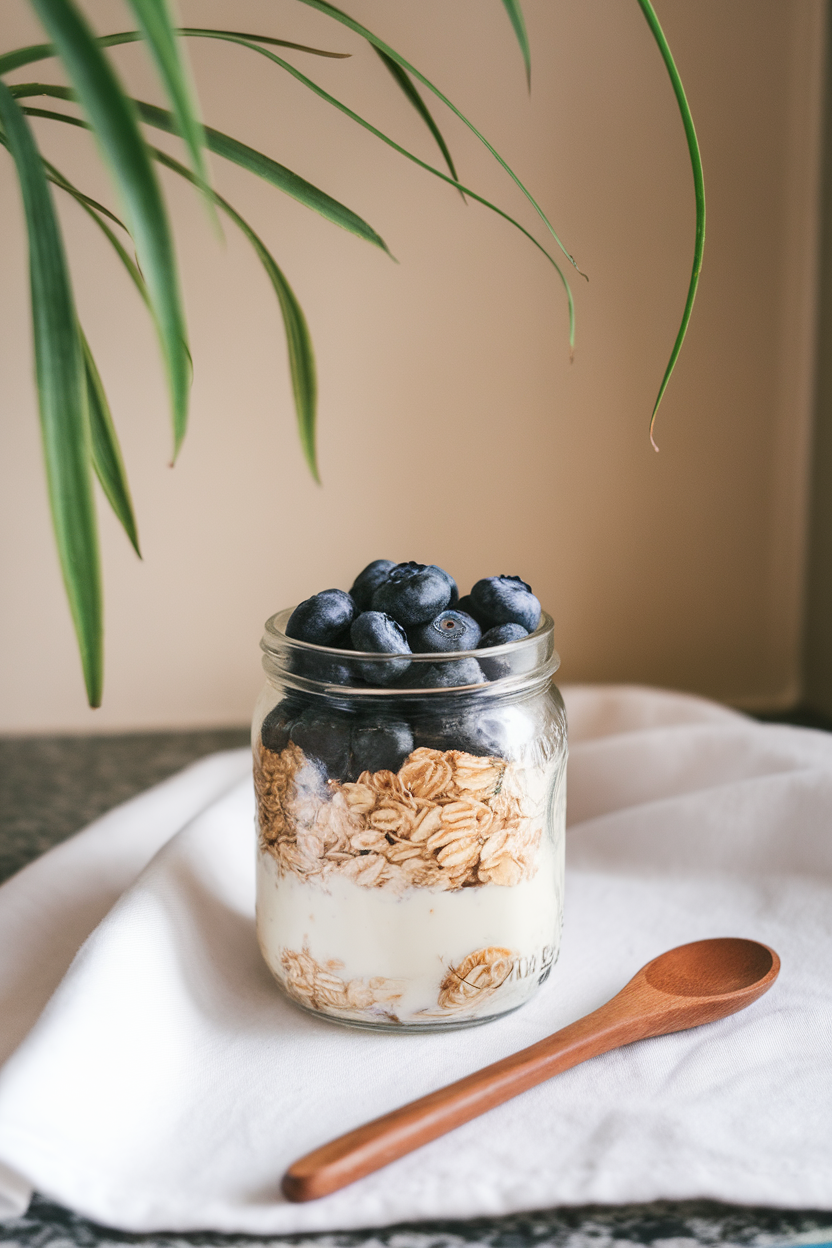 A softly lit indoor countertop scene featuring a glass jar layered with certified-gluten-free rolled oats, almond milk, and fresh blueberries, shot from a slight overhead angle. No text or logos anywhere in the frame.