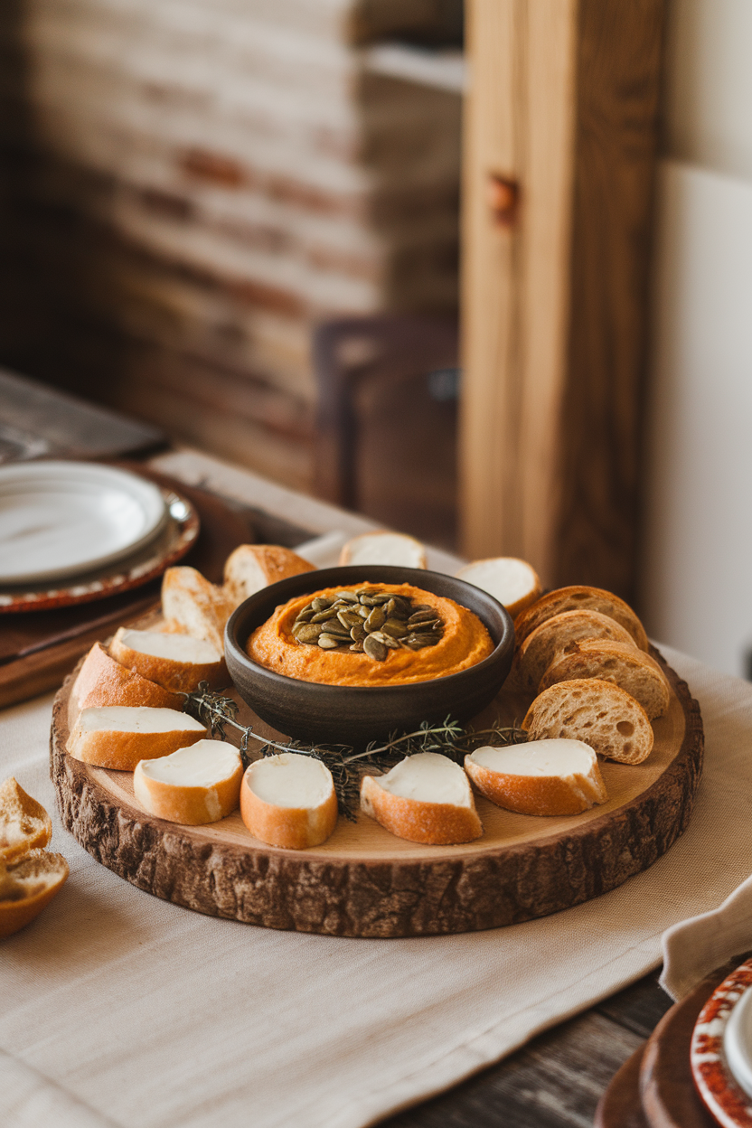 Indoor dining table shot of a rustic wooden board featuring a bowl of creamy pumpkin dip topped with pumpkin seeds, surrounding baguette rounds, goat cheese medallions, and thyme sprigs. No text or logos. Photo only.