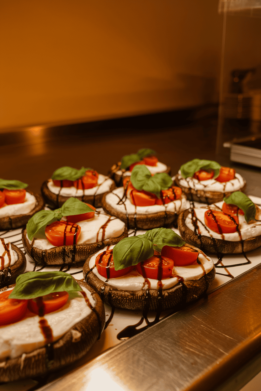 A warmly lit indoor counter displaying portobello mushroom caps filled with melted mozzarella, sliced cherry tomatoes, and fresh basil leaves, balsamic drizzle glistening. No text or logos. Photo, not illustration.