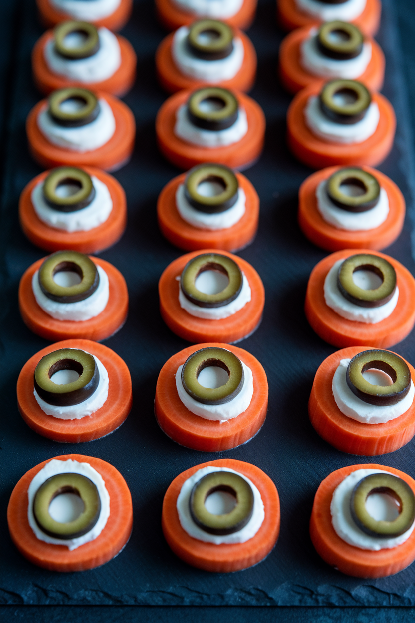 Indoor photo of thick carrot rounds topped with a dab of cream cheese and a sliced black olive, arranged on a dark serving slate to resemble rows of monster eyeballs. No text or logos.