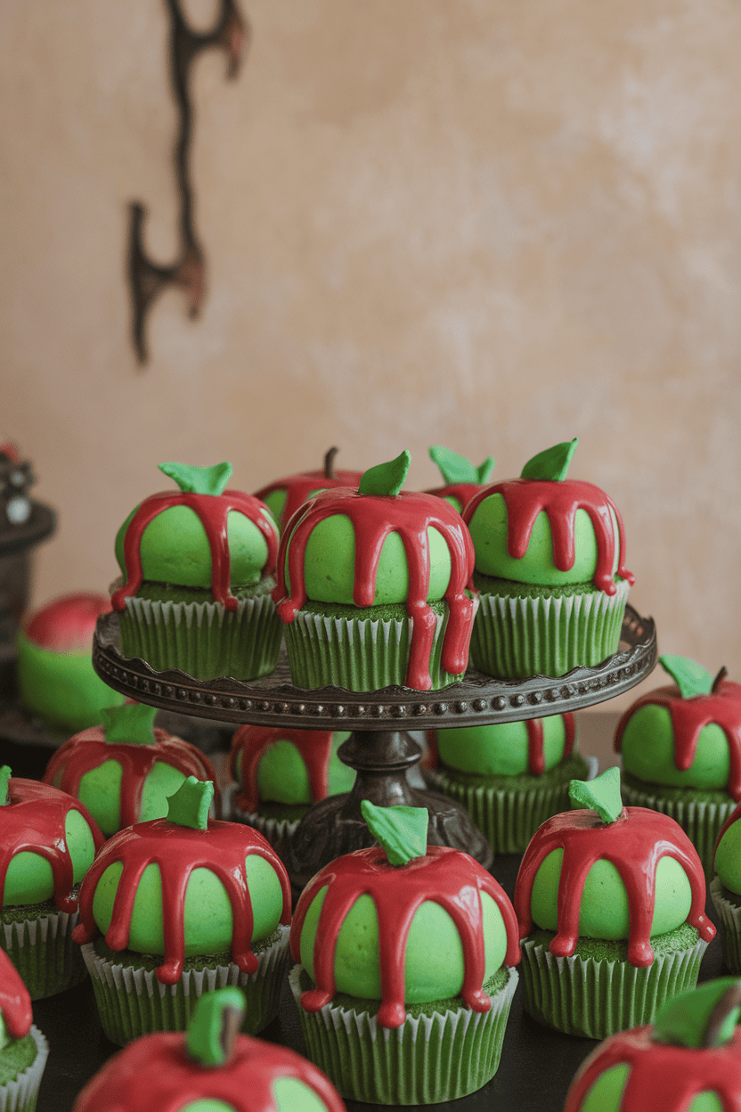 Indoor image of bright green apple cupcakes draped with red candy glaze dripping over the edges, resembling a wicked apple; no text or logos