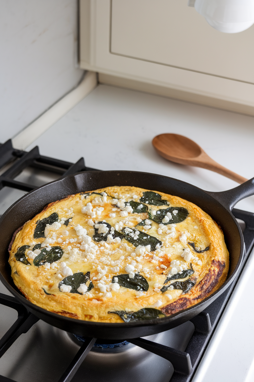 An indoor skillet on a stovetop holding a puffed golden frittata speckled with spinach leaves and feta crumbles. No visible text or logos.