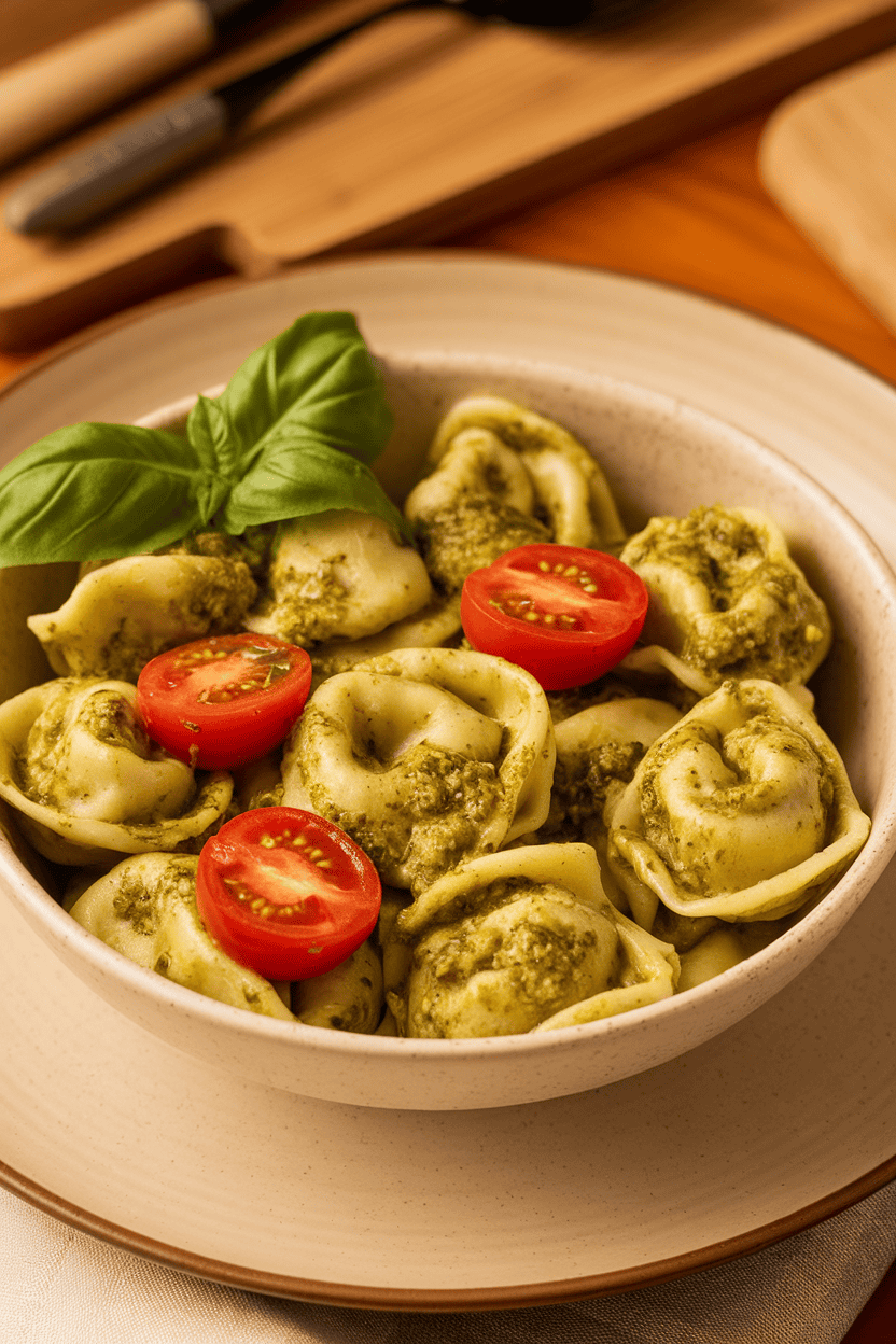 Indoor bowl of cheese tortellini coated in green pesto with halved cherry tomatoes, no text or logos in frame.