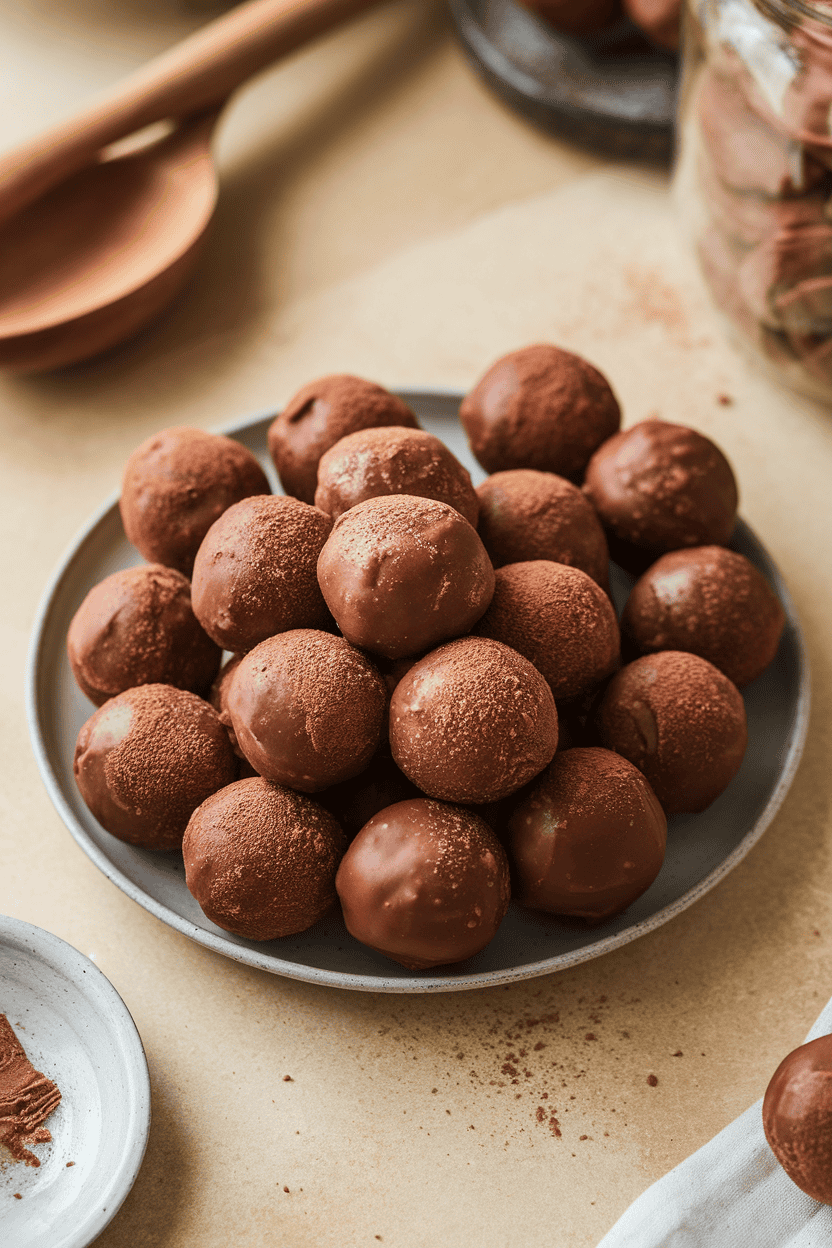 An indoor countertop with a plate of round chocolate peanut butter energy balls dusted lightly with cocoa—no logos or text in sight. Photo only.