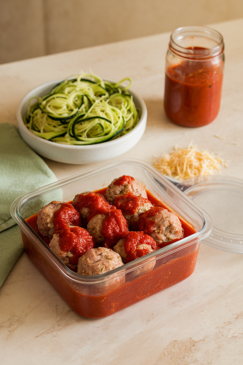An indoor kitchen island with a container of turkey meatballs in marinara sauce atop raw zucchini noodles, parmesan on the side. No text or logos present; photo only.