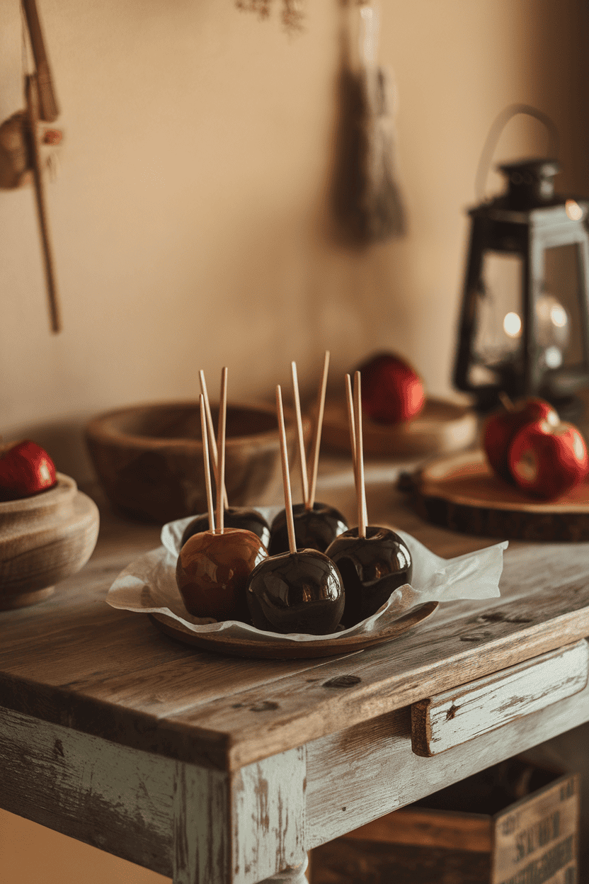 Indoor rustic table scene with glossy black-tinted caramel apples on wooden sticks, parchment underneath, a few red apples peeking in the background. No logos or text; photo.