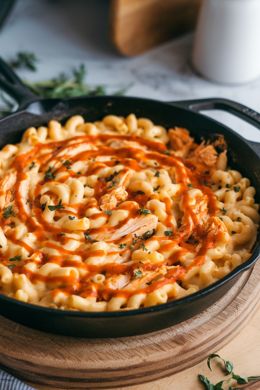 Indoor photo of a cast-iron skillet filled with creamy mac and cheese swirled with orange buffalo sauce and shredded chicken pieces, no text or logos. Photo, not illustration.
