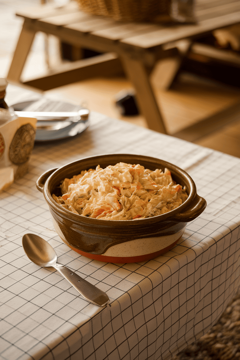 Photo of a ceramic bowl filled with creamy coleslaw on an indoor picnic table, serving spoon resting on the side. No text or branding in sight.