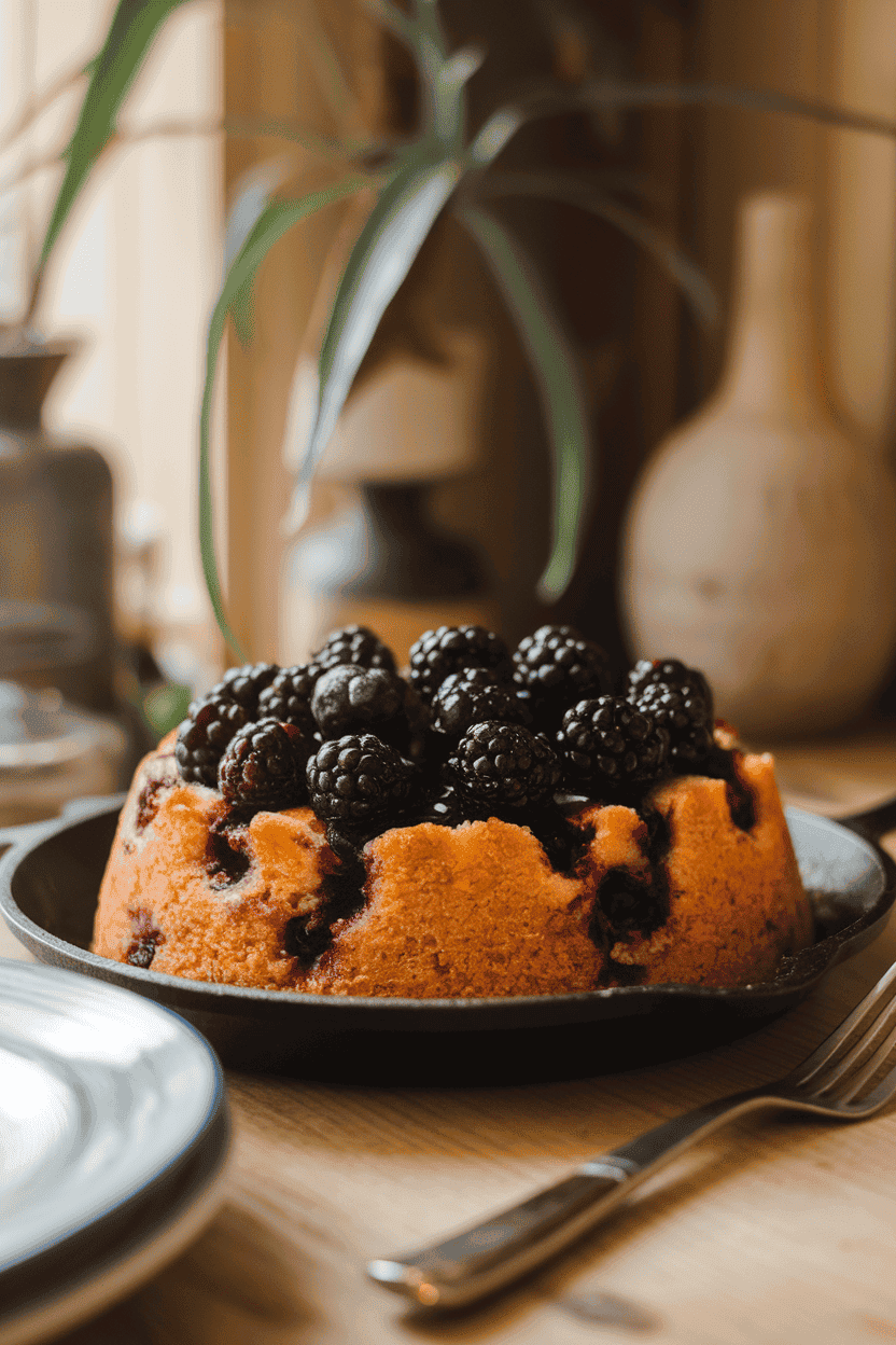 A warm indoor dining nook showing a skillet cake flipped onto a platter, glossy blackberries atop a golden cornmeal base. No text or logos. Photo.