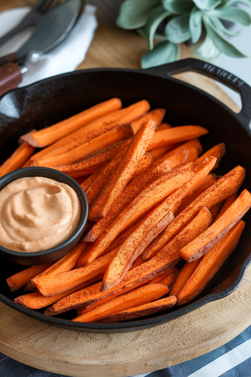 Indoor cast-iron skillet piled with orange sweet potato fries dusted in smoked paprika, small chipotle mayo dip beside. Photo, no text or logos.