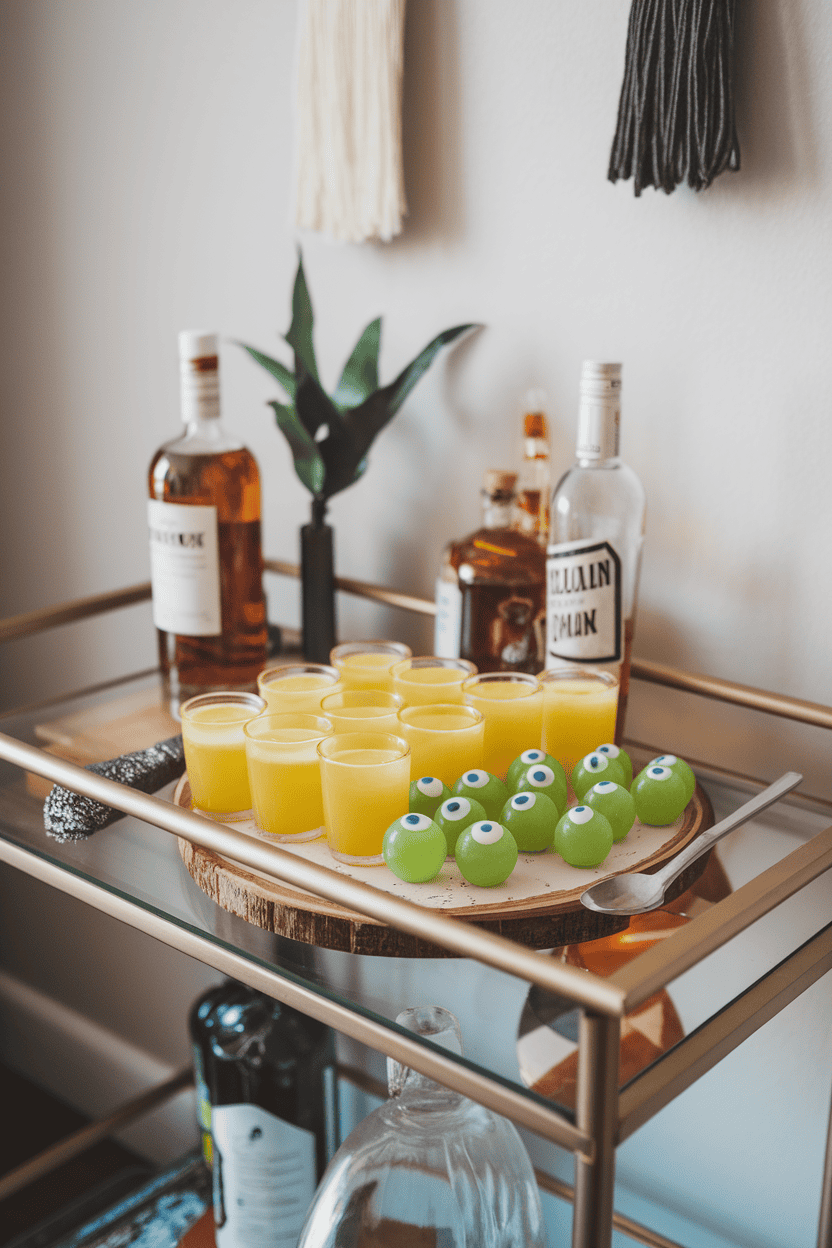 An indoor bar cart featuring yellow lemon jello shots each containing a green grape “eyeball,” subtle overhead lighting, no logos in sight