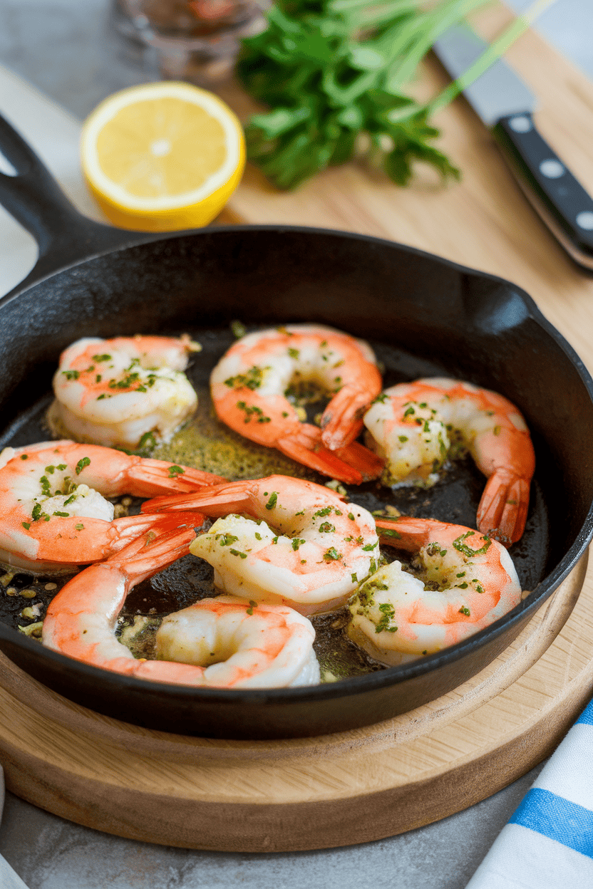 Indoor photo of sizzling cooked shrimp in garlic butter inside a small cast-iron skillet; no text or logos anywhere.