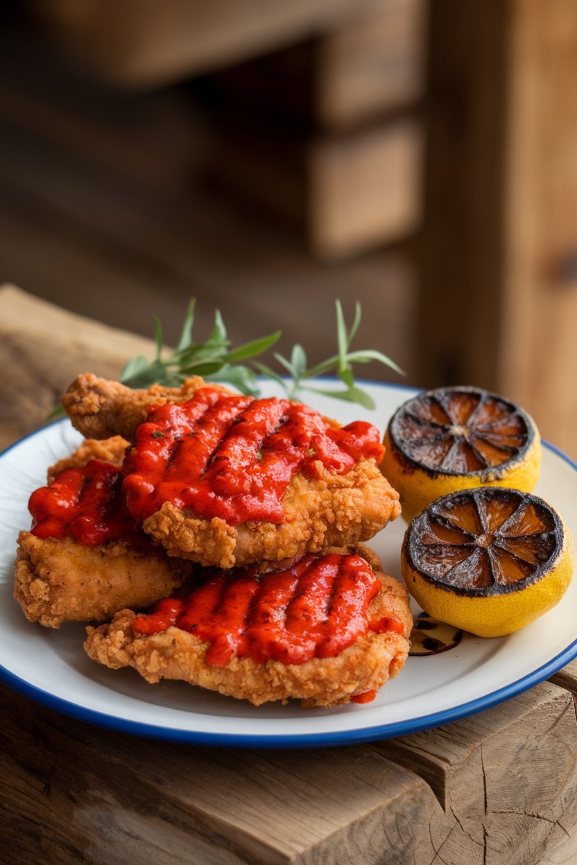 Indoor dining scene displaying fried chicken breasts coated in bright red peri-peri sauce, charred lemon halves on plate, photo only, no text or logos