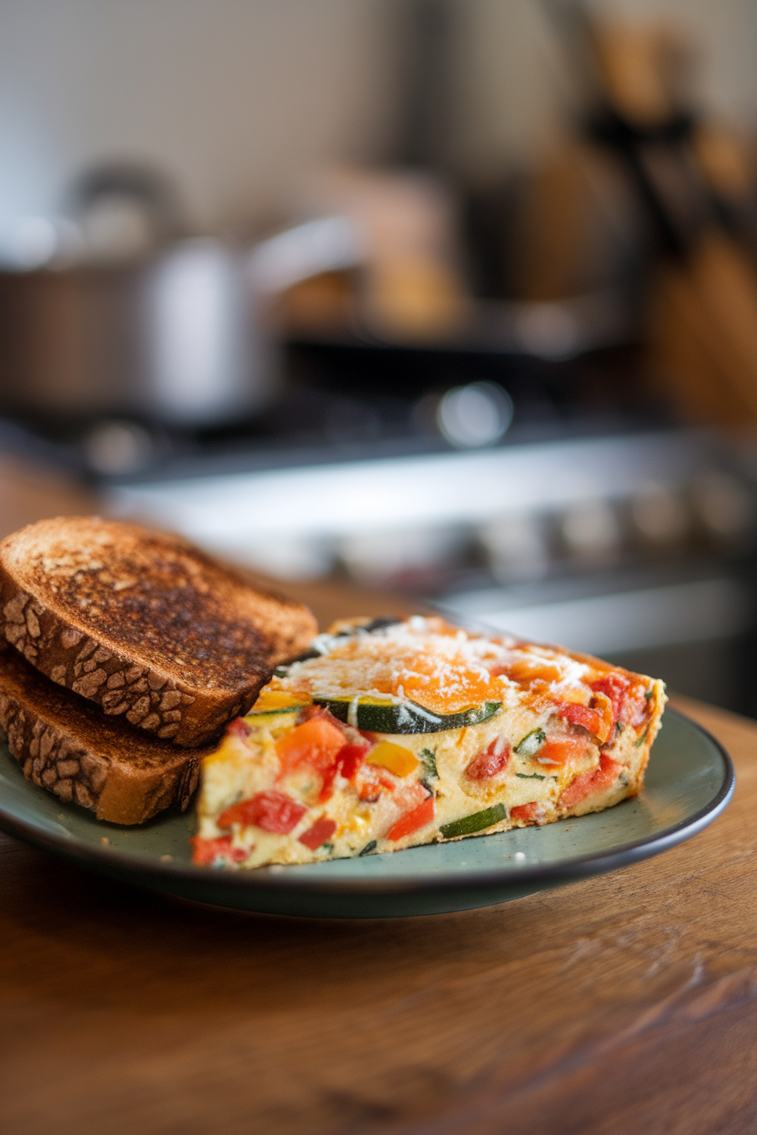 Indoor photo of a slice of vegetable frittata on a plate beside whole-grain toast, both sitting on a wooden table; no text or logos visible.