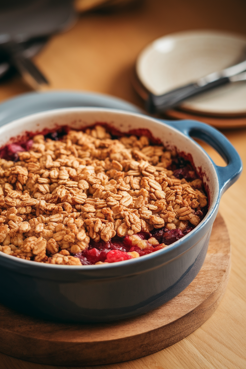 Photo of an indoor casserole dish showing bubbling fruit crisp topped with oat crumble; no text or logos