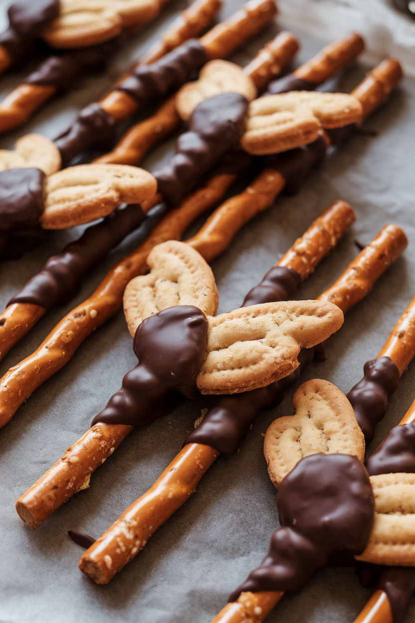 Dark-chocolate-dipped pretzel rods with cookie half “wings” attached, laid on wax paper indoors. Photo, no text or logos.