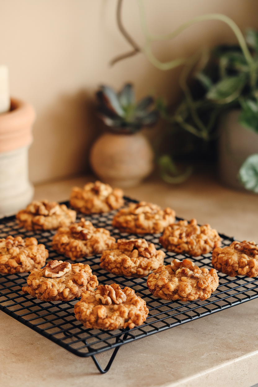 A cooling rack on an indoor counter displaying round banana oat cookies studded with walnuts, shot from a slight overhead angle. No text or logos present.