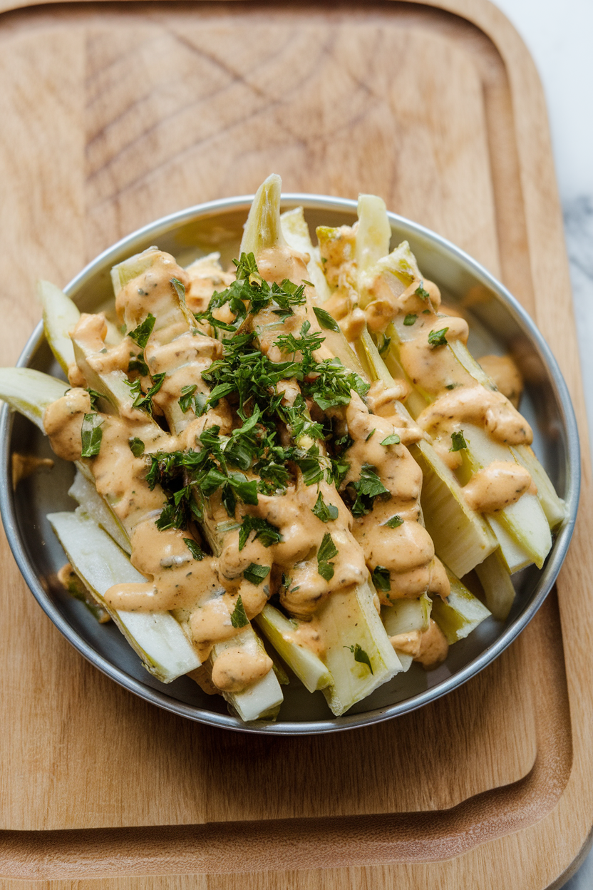 Indoor photo of julienned celeriac coated in creamy mustard dressing, topped with chopped parsley in a shallow dish; bright indoor lighting, no text or logos.