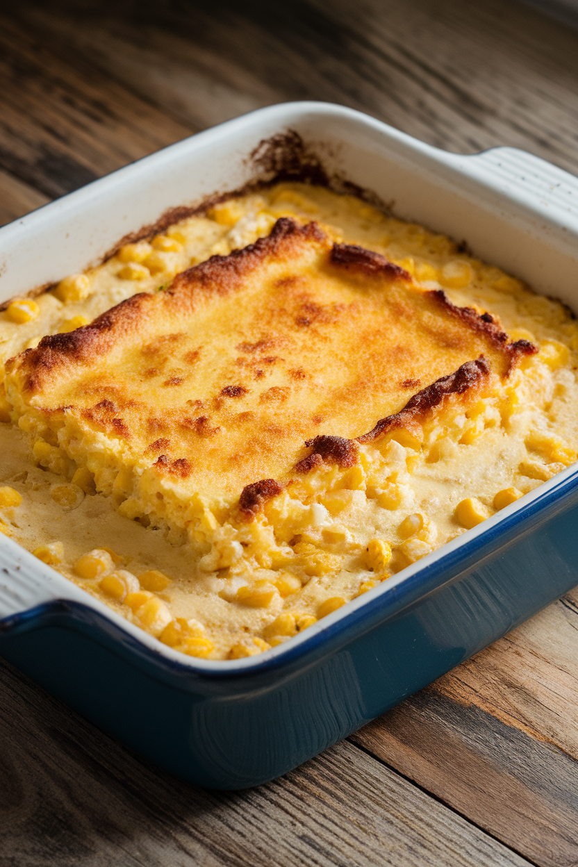 A ceramic baking dish indoors filled with creamy corn pudding, lightly browned top; no text or logos. Photo.</Prompt