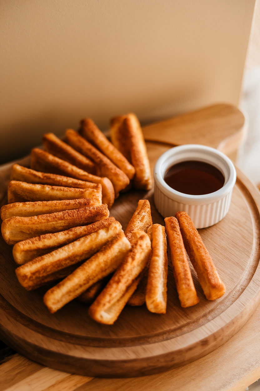 An indoor serving board with golden cinnamon-coated toast sticks, small ramekin of maple syrup on the side. Photo only, no text or logos.