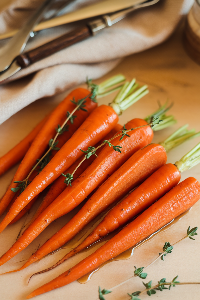 Warm indoor tabletop displaying glazed carrot sticks shimmering under a light coating of maple syrup and browned butter, garnished with thyme sprigs. Photo, no text or logos.
