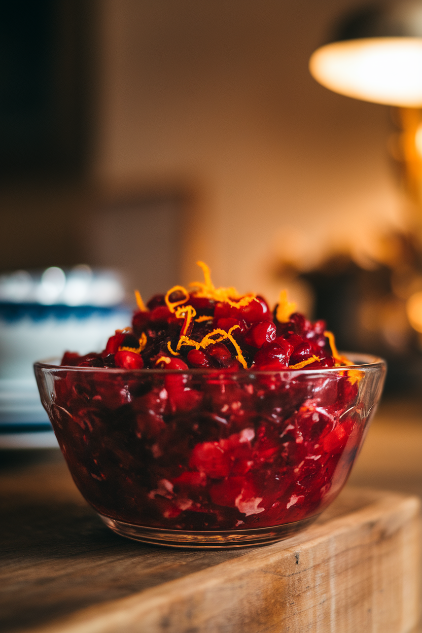 A clear glass bowl indoors filled with chunky cranberry relish flecked with orange zest, warmed ambient lighting; no text or logos. Photo.</Prompt