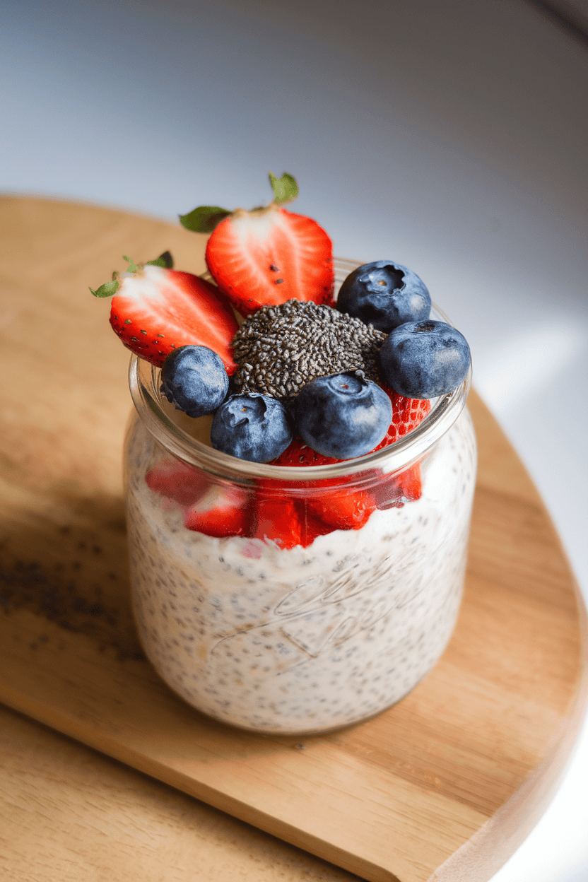 Indoor photo of a clear glass jar layered with creamy overnight oats, fresh blueberries, sliced strawberries, and a sprinkle of black chia seeds on top, shot from a slight overhead angle in soft morning light, no text or logos.