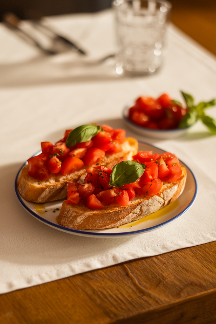 A bright indoor table featuring toasted baguette slices topped with diced tomatoes, fresh basil, and a drizzle of olive oil. No text or logos. Photo, not illustration.