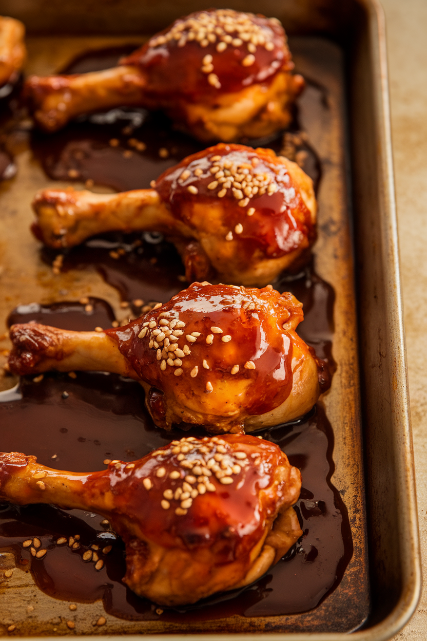Indoor photo of glazed barbecue chicken drumsticks on a baking tray, caramelized sauce visible, no text or logos. Photo only.