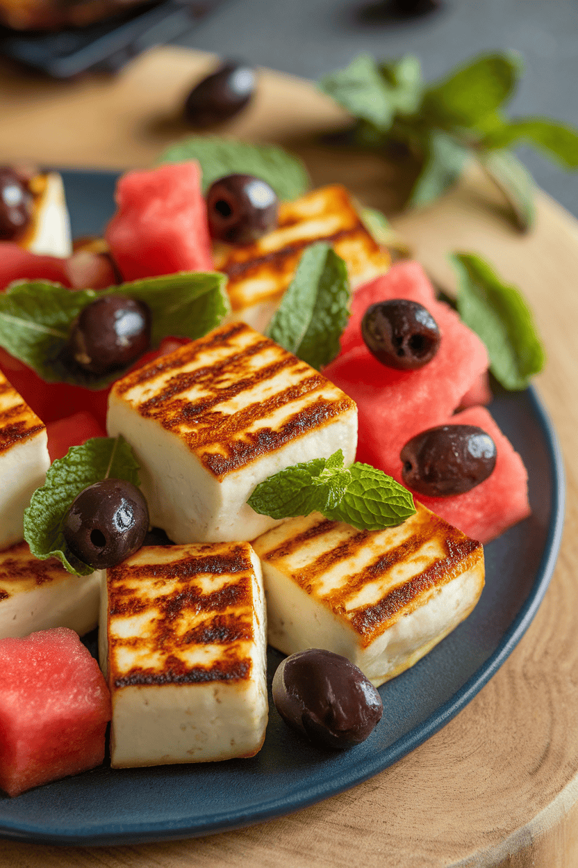 Indoor platter featuring cubes of seared halloumi cheese mixed with watermelon chunks, mint leaves, and a scattering of black olives. No text or logos. Photo, not illustration.