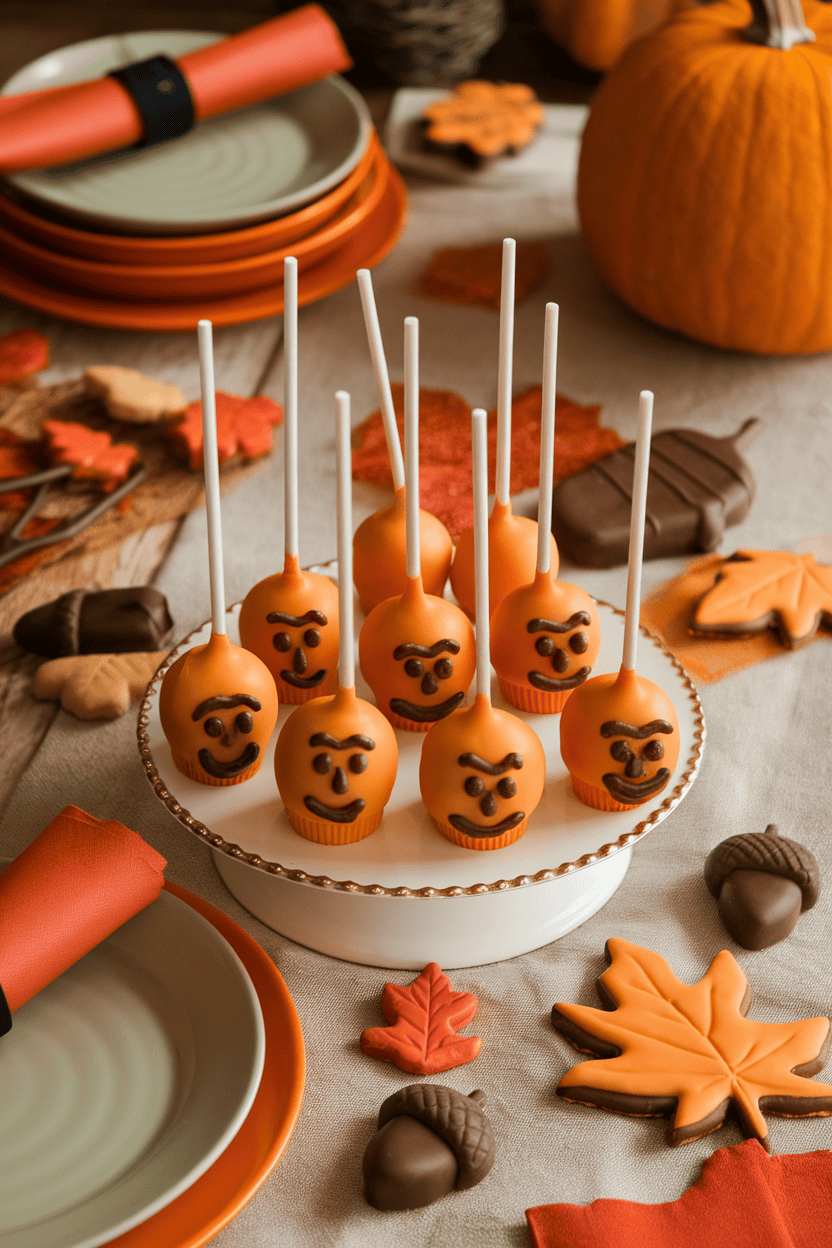 Orange-coated chocolate-orange cake pops with carved chocolate faces, indoor autumn table; no text or logos. Photo.