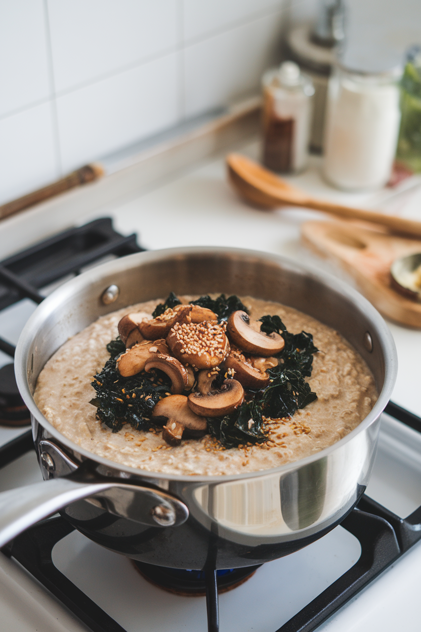 An indoor stovetop scene showing a saucepan of creamy oats topped with sautéed mushrooms, wilted kale, and sesame seeds. Photo only, no text or logos.