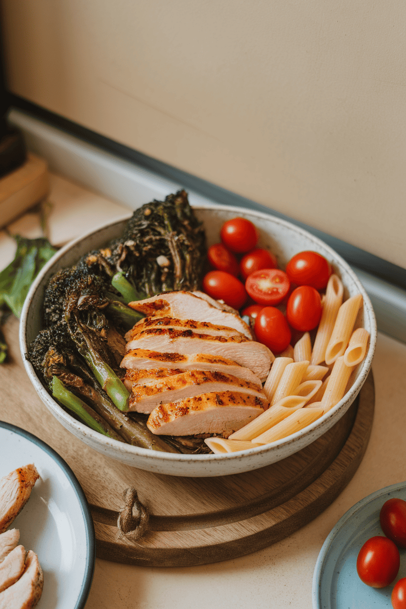Indoor scene showing sliced grilled chicken, sautéed broccoli rabe, cherry tomatoes, and penne pasta in a bowl; no logos.