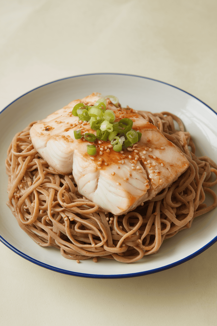 Indoor plate of miso-glazed halibut resting on buckwheat soba noodles with scallions and sesame seeds. No logos or text, photo only.