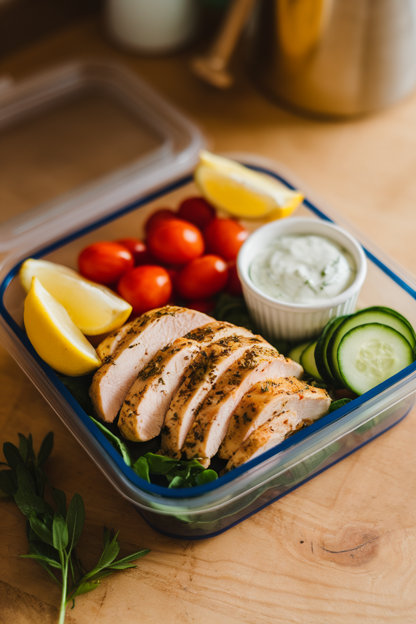 An indoor photo of a shallow meal-prep container holding sliced cooked chicken breast seasoned with oregano, lemon wedges, cherry tomatoes, cucumber ribbons, and a small cup of tzatziki on the side. Warm overhead lighting, no text or logos.