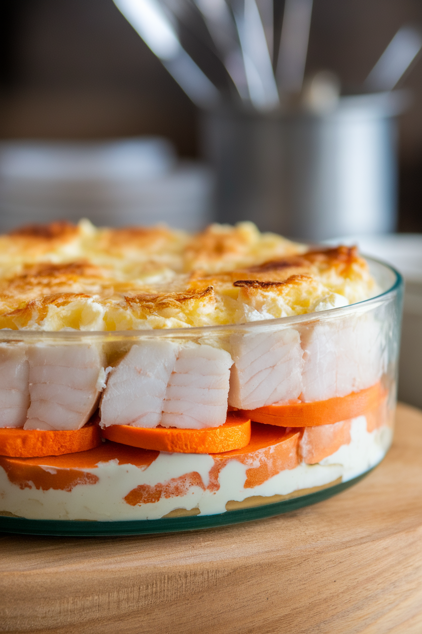 Indoor casserole dish with layers of cod, sweet potato rounds, and cream, browned on top. No text or logos.