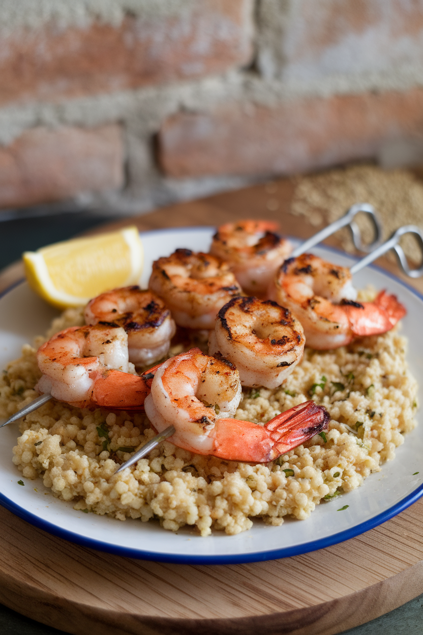 An indoor dinner plate featuring skewered grilled shrimp set atop fluffy whole-wheat couscous with herbs. No logos; photography only.