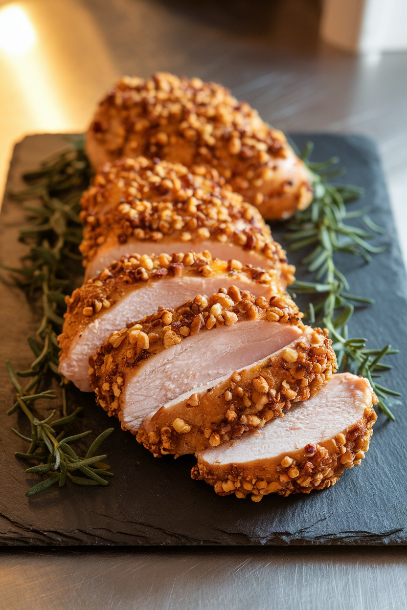 Indoor photo of nut-crusted chicken breasts sliced to show hazelnut garlic crust, arranged on a slate board; ambient kitchen light, no text or logos