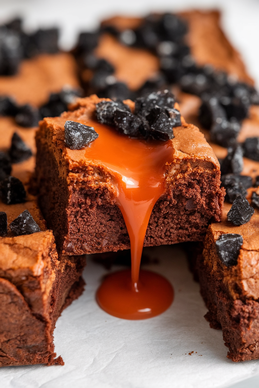 Indoor close-up of brownie pieces oozing bright red caramel from the center, garnished with black sugar crystals; no text or logos