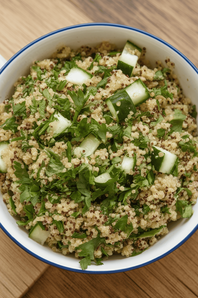 Indoor salad bowl filled with green parsley-heavy quinoa tabbouleh dotted with diced cucumber. Photo only, no text or logos.