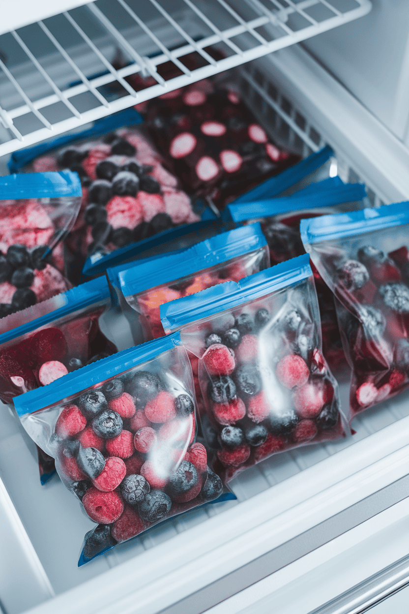 An indoor freezer drawer with zip bags filled with frozen berry and beet chunks ready for blending—no logos or text present. Photo only.
