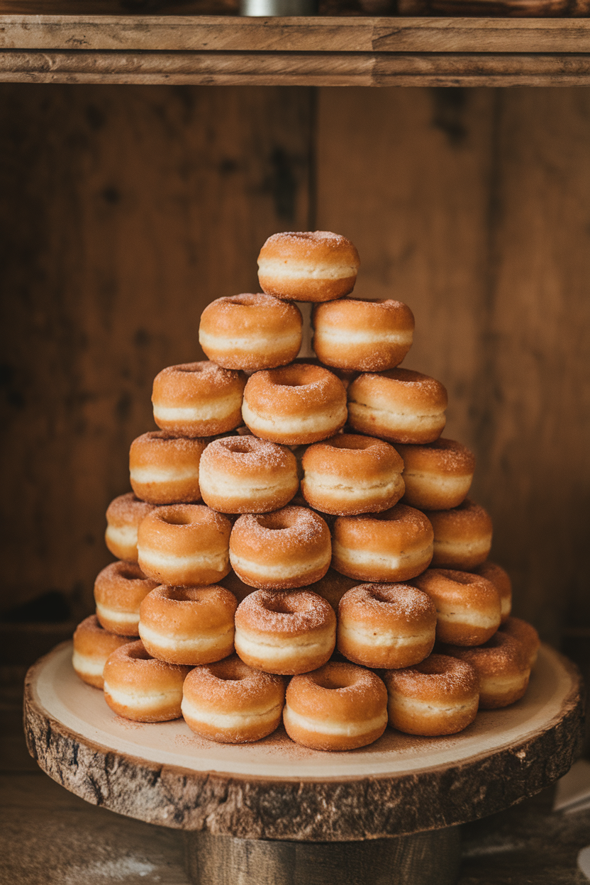 Indoor photo of stacked mini apple cider doughnuts forming a tower cake, lightly dusted with cinnamon sugar. No text or logos.