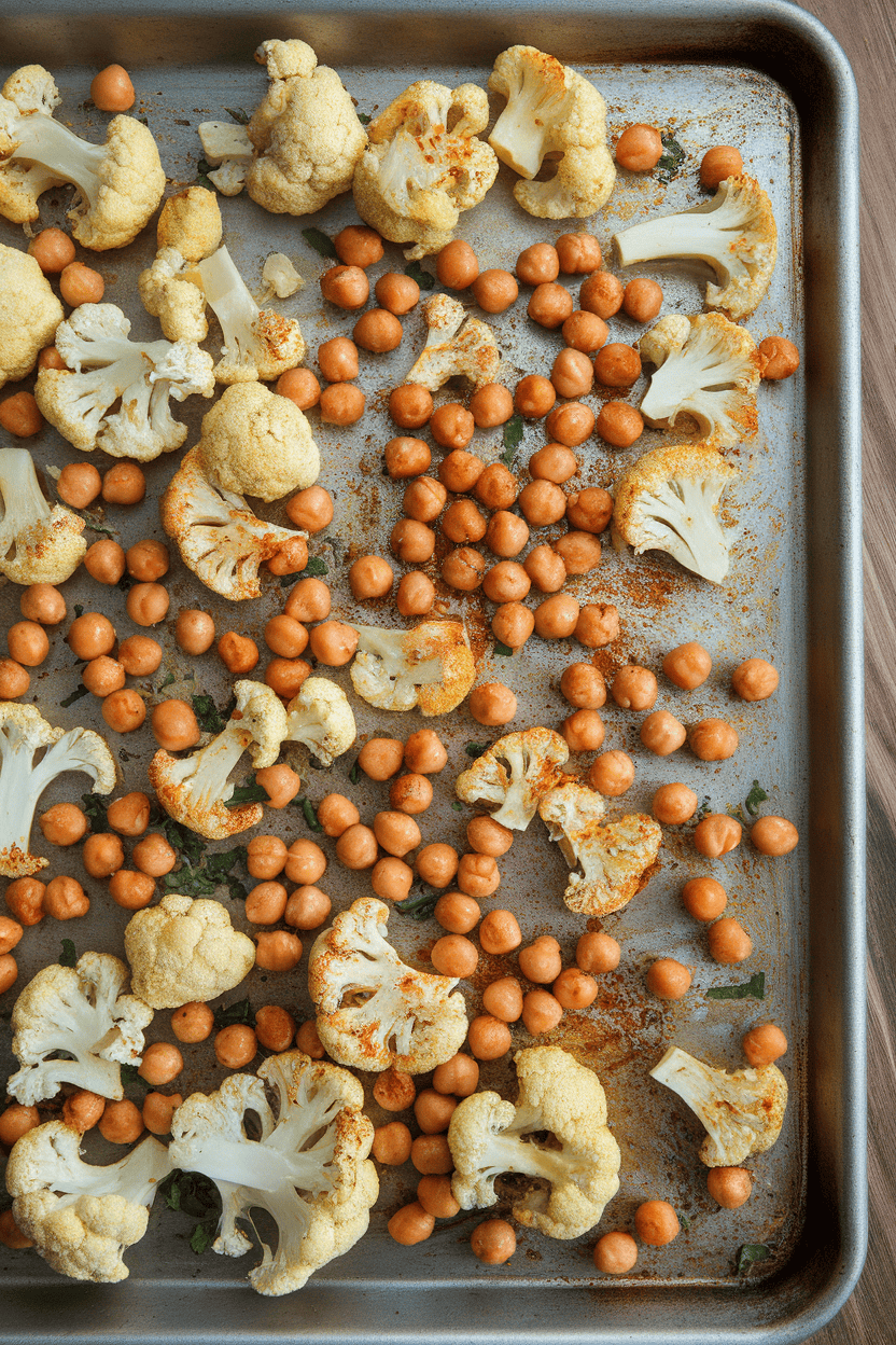 Indoor photo of roasted cauliflower florets and chickpeas tinged red from harissa on a rimmed tray. No text or logos.