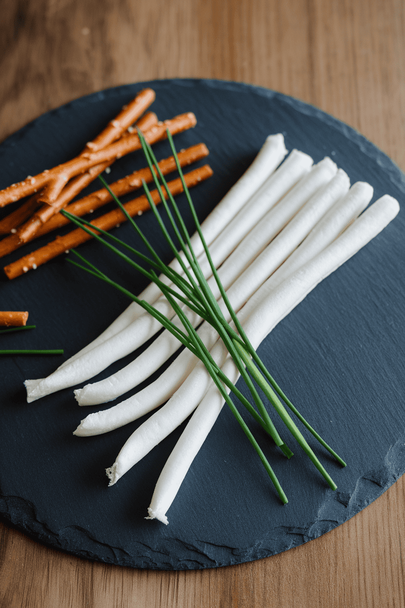 Indoor photo of mozzarella string cheese frayed at one end and tied to pretzel stick handles with chive strands, arranged on a slate plate. No text or logos.