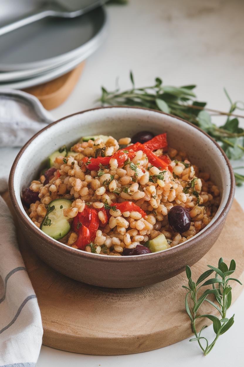 Photo of a ceramic bowl indoors containing cooked farro mixed with roasted red peppers, cucumbers, olives, and herbs. No text or logos.