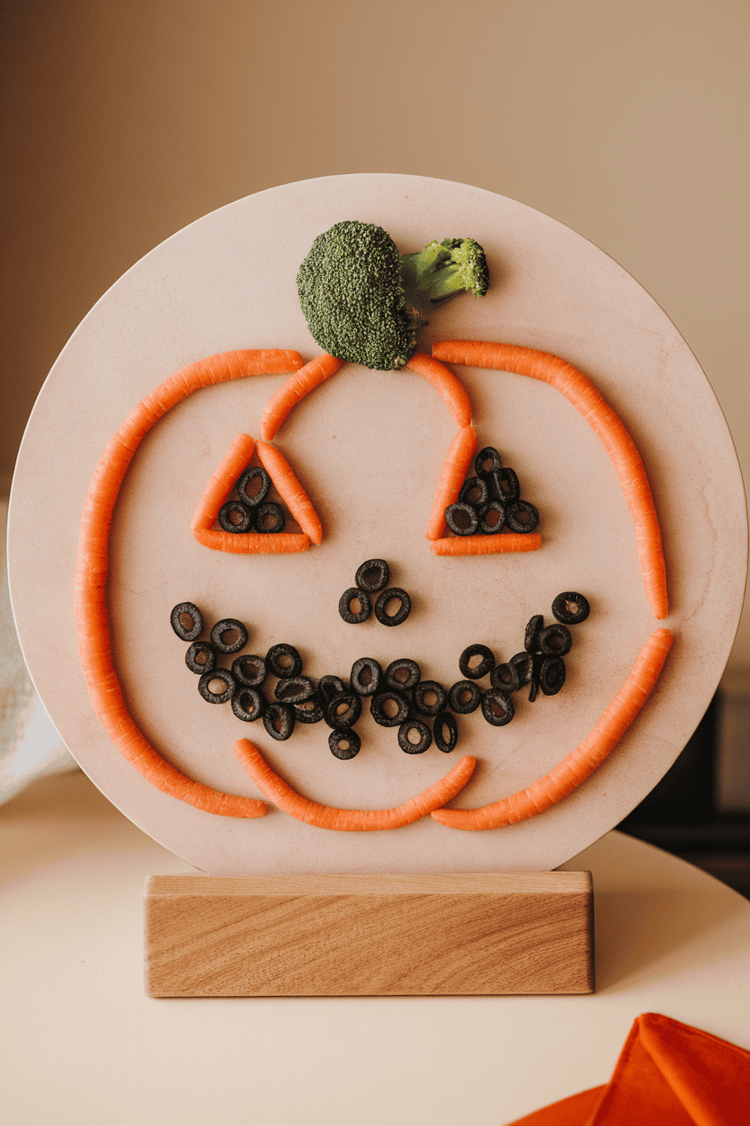 Indoor photo of a circular board where baby carrots form a pumpkin outline, broccoli florets create a stem, and black olive slices shape the eyes and grin. No text or logos.