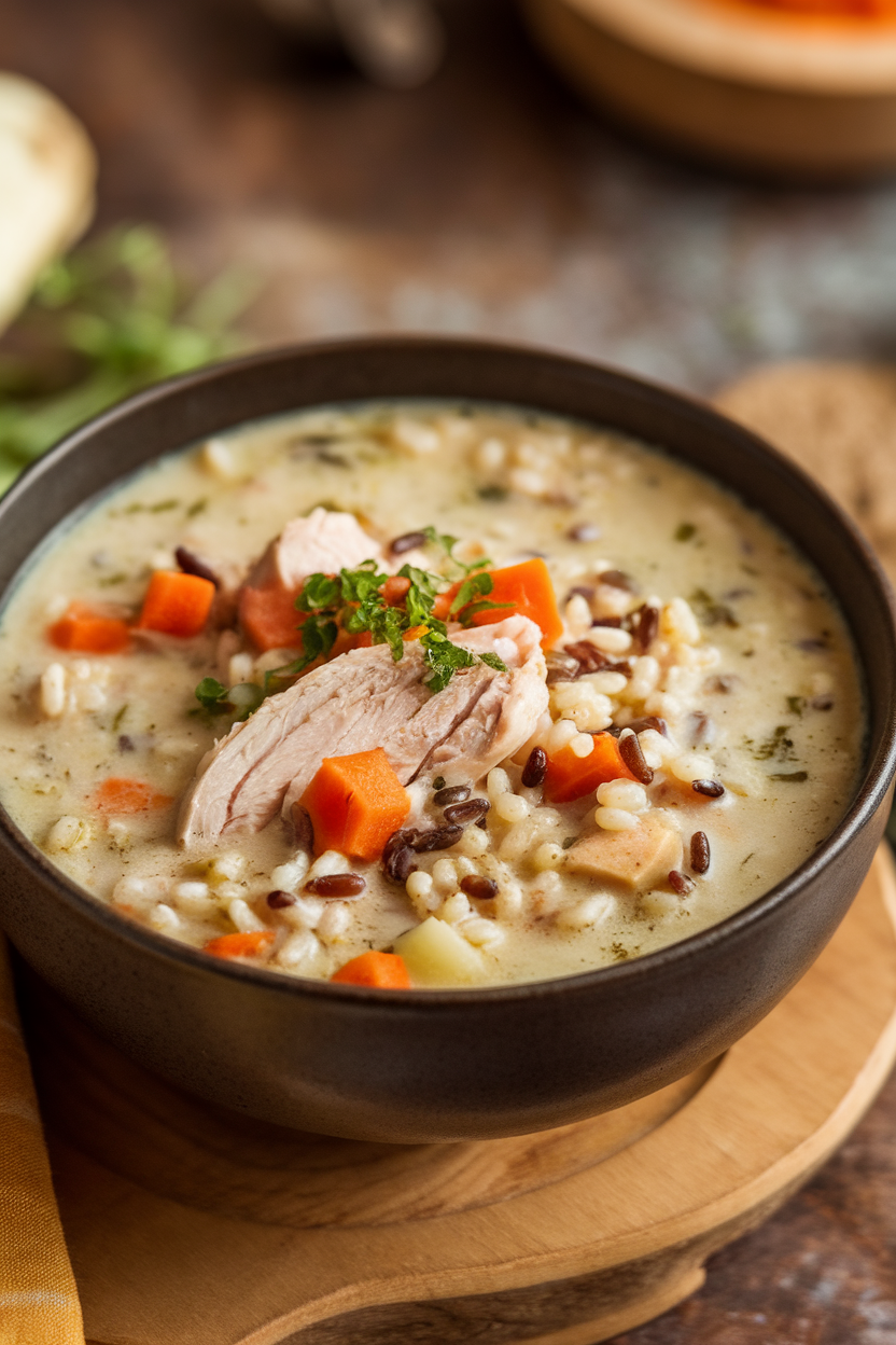 Indoor soup bowl filled with creamy chicken and wild rice soup, diced carrots visible, steam rising. No text or logos. Photo.