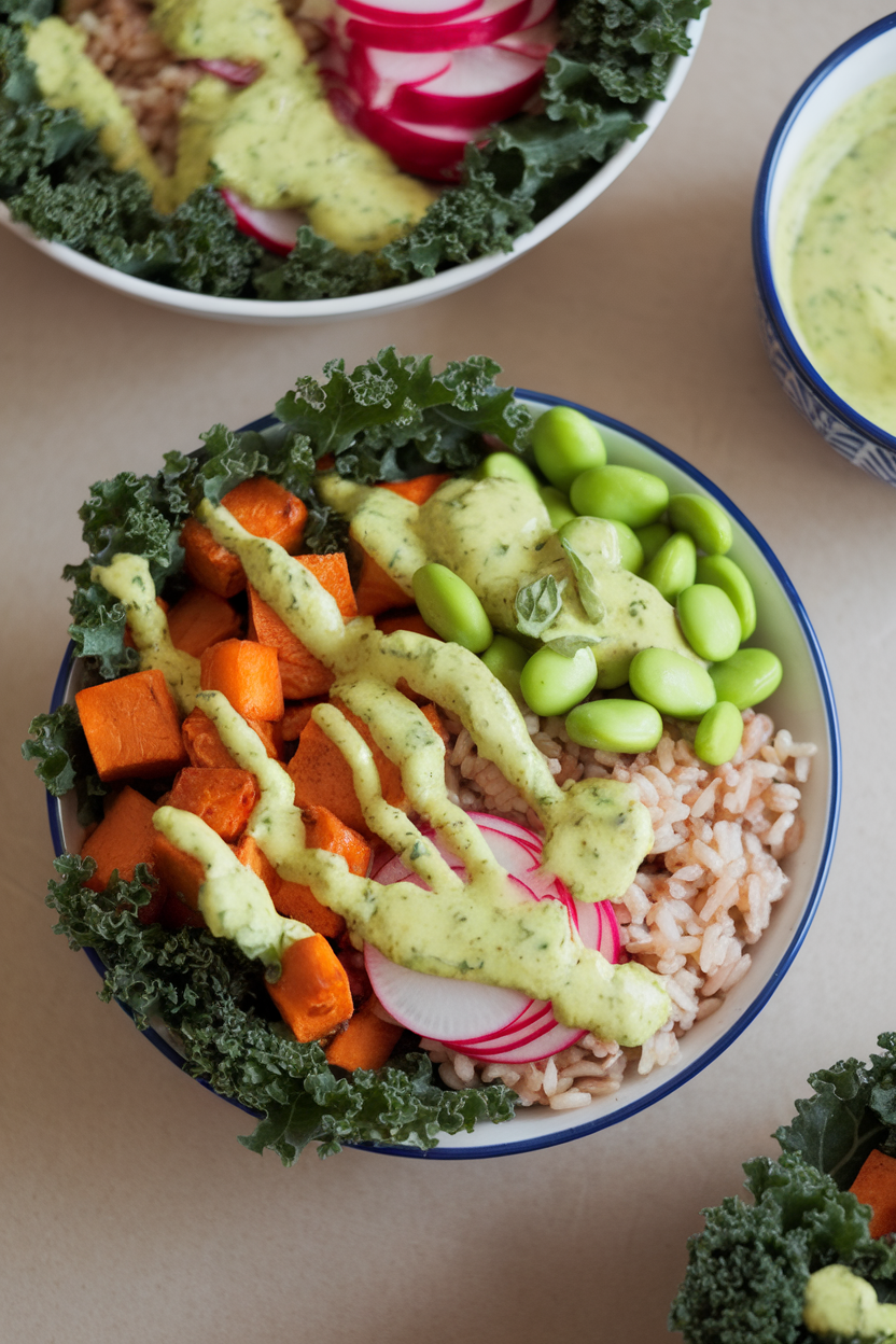 Photo of an indoor tabletop featuring a vibrant bowl with kale, roasted sweet potato cubes, edamame, sliced radish, and brown rice drizzled in a creamy avocado-herb dressing. No text or logos on any items.