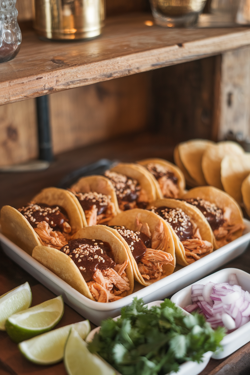 An indoor taco bar scene with mini corn tortillas filled with shredded chicken in deep brown mole sauce, topped with sesame seeds. No text or logos. Photo, not illustration.