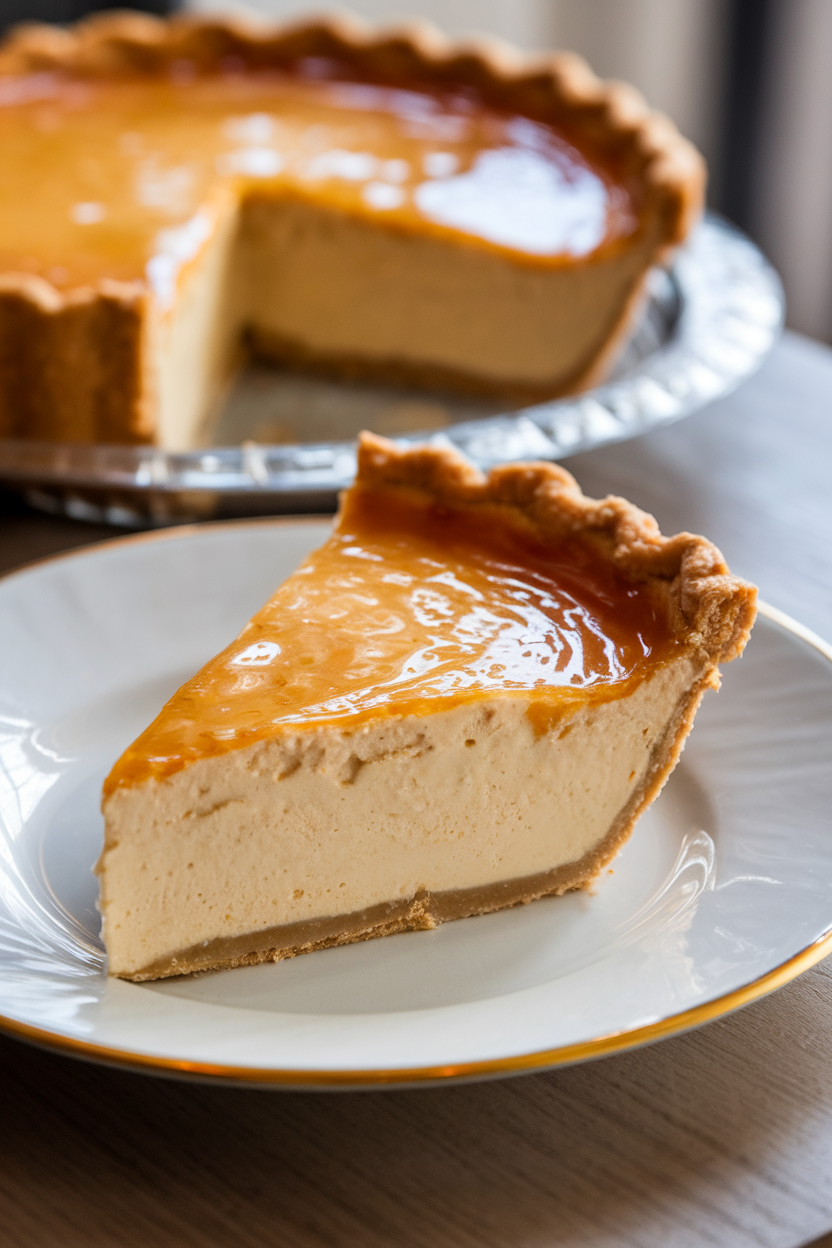 Indoor slice of chess pie on a simple white plate, custard filling slightly caramelized on top, no text or logos. Photo.